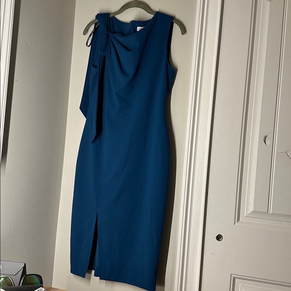 Calvin Klein Sleeveless Teal Midi Sheath Dress with Front Knot